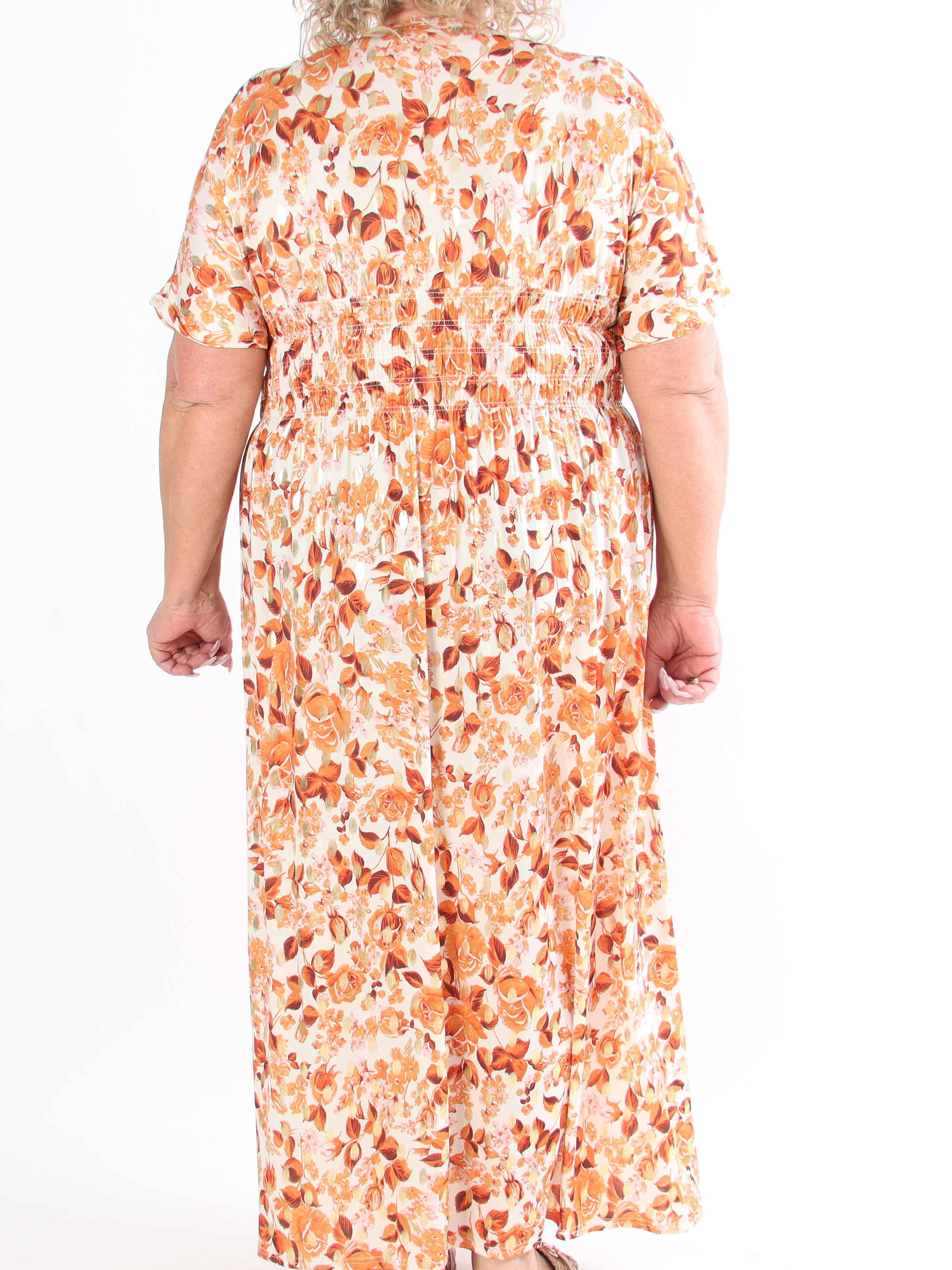 Pams Small Rose - Plus size-klänning med blommigt tryck och gulddetaljer